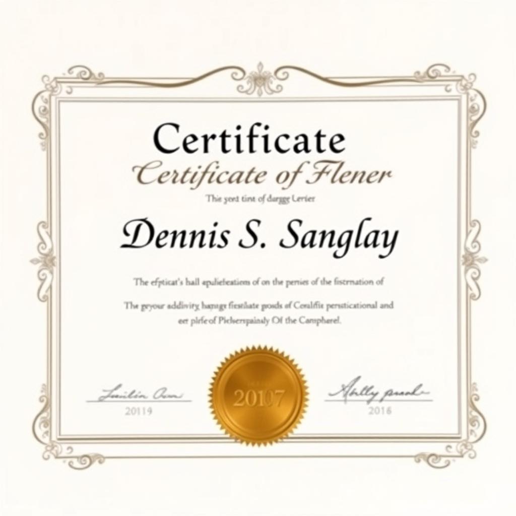 A professional certificate with an elegant design, complete with decorative borders and a gold foil seal at the bottom