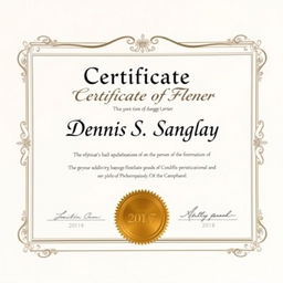 A professional certificate with an elegant design, complete with decorative borders and a gold foil seal at the bottom