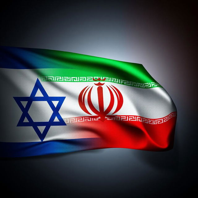 An artistic representation of the Iranian flag made of intricate patterns merging into the Israeli flag