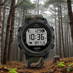 A rugged and durable watch designed for hunters, featuring a camouflage band and a large, easy-to-read digital display with various hunting features like GPS tracking and weather indicators