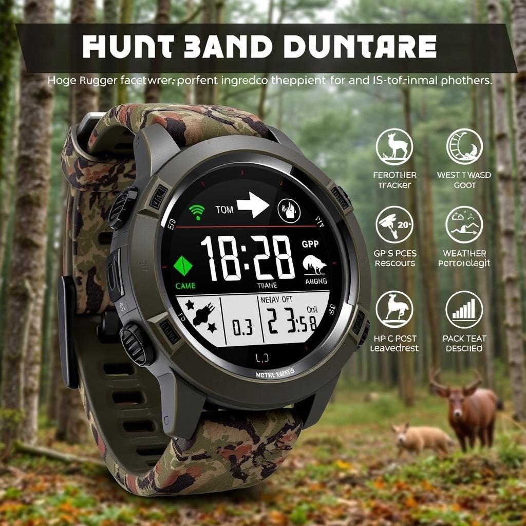 A rugged and durable watch designed for hunters, featuring a camouflage band and a large, easy-to-read digital display with various hunting features like GPS tracking and weather indicators