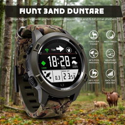 A rugged and durable watch designed for hunters, featuring a camouflage band and a large, easy-to-read digital display with various hunting features like GPS tracking and weather indicators