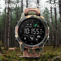 A rugged and durable watch designed for hunters, featuring a camouflage band and a large, easy-to-read digital display with various hunting features like GPS tracking and weather indicators