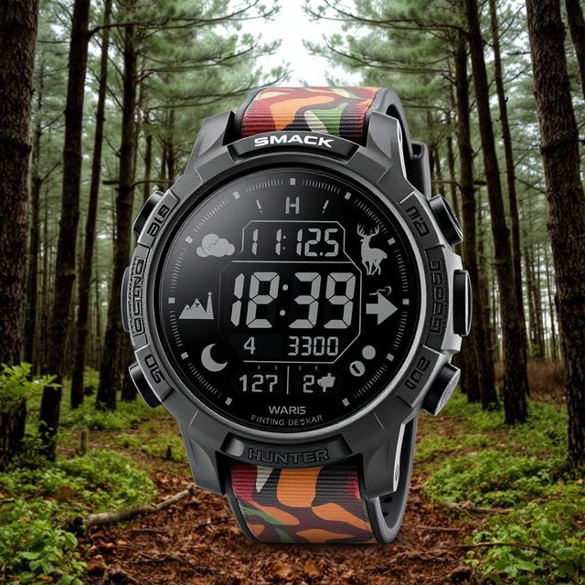 A rugged and durable watch designed for hunters, featuring a camouflage band and a large, easy-to-read digital display with various hunting features like GPS tracking and weather indicators