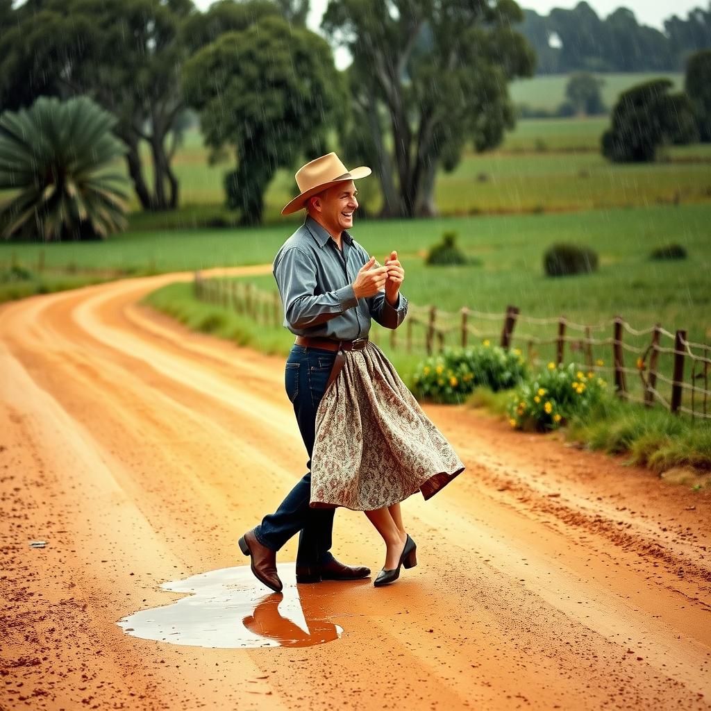 A charming scene of a couple dancing in the rain in rural Australia during the 1940s