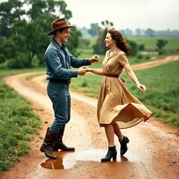 A charming scene of a couple dancing in the rain in rural Australia during the 1940s