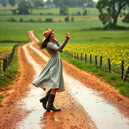 A charming scene of a couple dancing in the rain in rural Australia during the 1940s