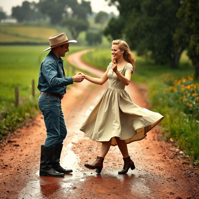 A charming scene of a couple dancing in the rain in rural Australia during the 1940s