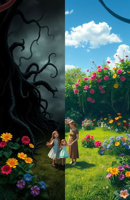 A split scene depicting a creepy garden on one side and a beautiful garden on the other side