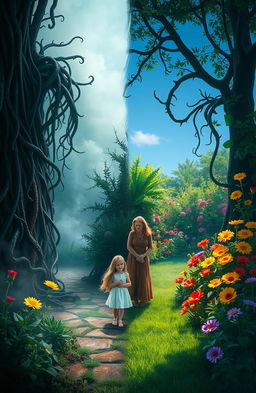 A split scene depicting a creepy garden on one side and a beautiful garden on the other side