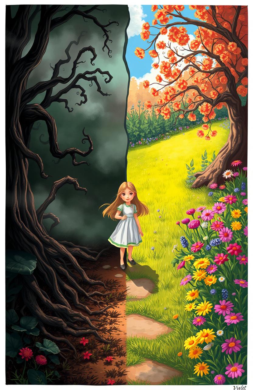 A split scene depicting a creepy garden on one side and a beautiful garden on the other side