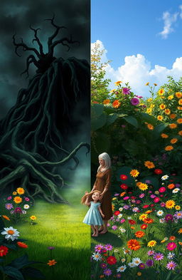A split scene depicting a creepy garden on one side and a beautiful garden on the other side
