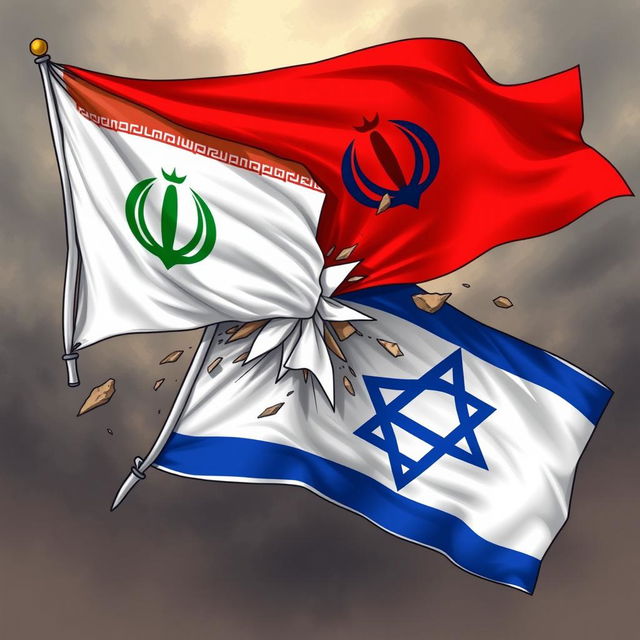 An illustration depicting the Iranian flag tearing through the Israeli flag, symbolizing a powerful clash between the two