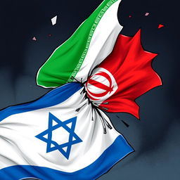 An illustration depicting the Iranian flag tearing through the Israeli flag, symbolizing a powerful clash between the two