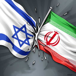 An illustration depicting the Iranian flag tearing through the Israeli flag, symbolizing a powerful clash between the two