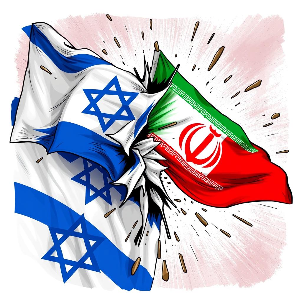 An illustration depicting the Iranian flag tearing through the Israeli flag, symbolizing a powerful clash between the two