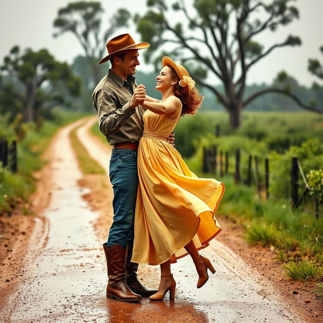 A vibrant scene capturing a couple dancing in the rain in rural Australia during the 1940s