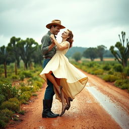 A vibrant scene capturing a couple dancing in the rain in rural Australia during the 1940s