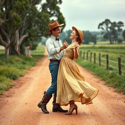 A vibrant scene capturing a couple dancing in the rain in rural Australia during the 1940s