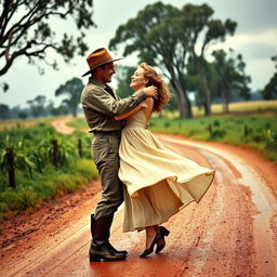 A vibrant scene capturing a couple dancing in the rain in rural Australia during the 1940s