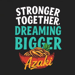 A custom t-shirt design featuring the text 'Stronger Together, Dreaming Bigger' prominently displayed in an inspiring and bold font