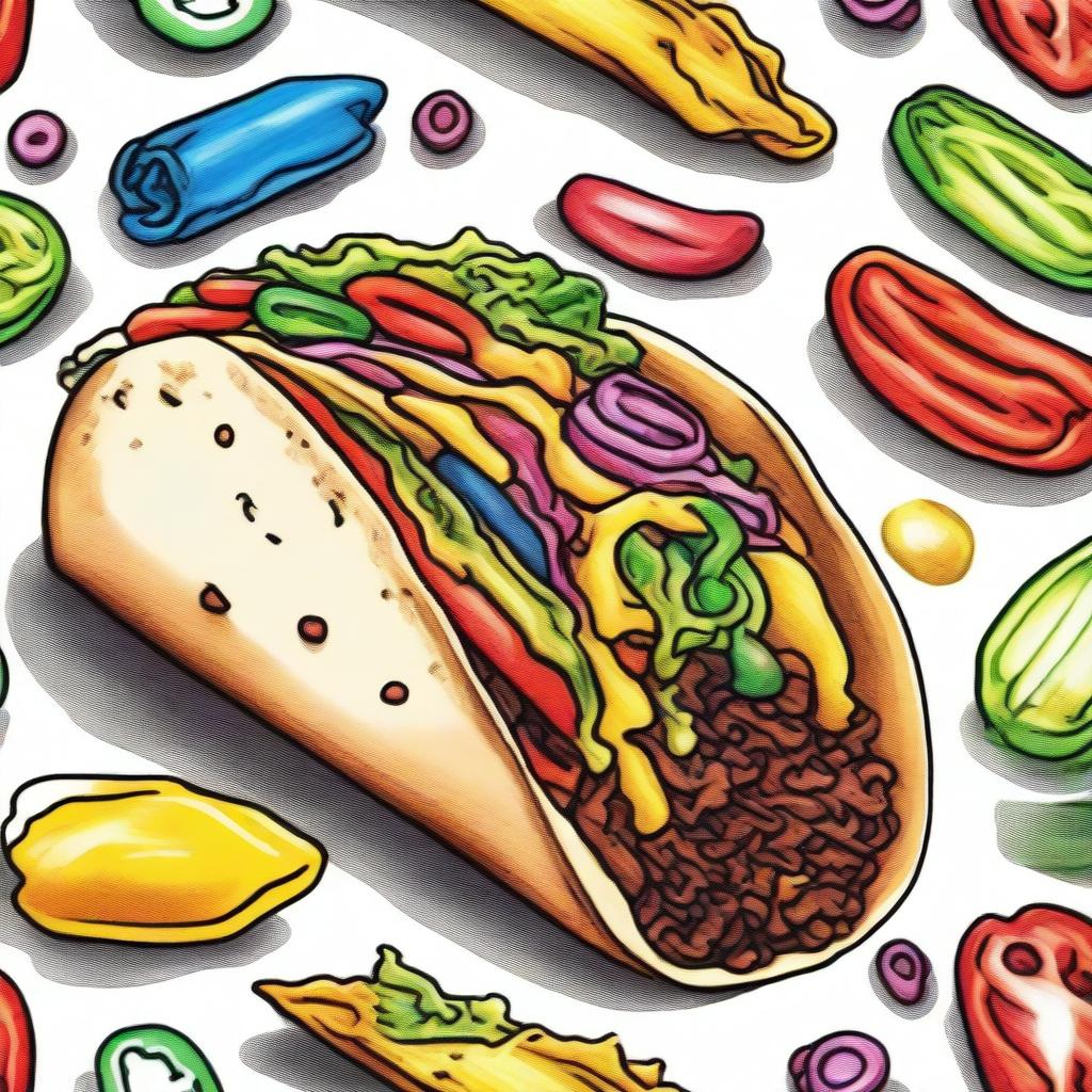 A vibrant, high-quality drawing of a taco, crafted using coloured sharpie markers