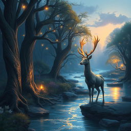 Create an artistic and atmospheric digital painting of a serene fantasy forest landscape at twilight, featuring a shimmering river running through the scene, surrounded by ancient trees with glowing crystals embedded in their bark