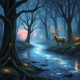 Create an artistic and atmospheric digital painting of a serene fantasy forest landscape at twilight, featuring a shimmering river running through the scene, surrounded by ancient trees with glowing crystals embedded in their bark