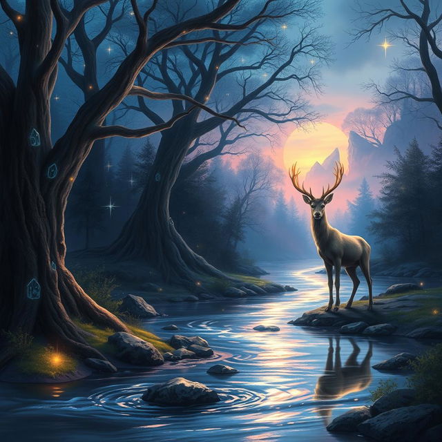 Create an artistic and atmospheric digital painting of a serene fantasy forest landscape at twilight, featuring a shimmering river running through the scene, surrounded by ancient trees with glowing crystals embedded in their bark