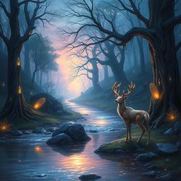 Create an artistic and atmospheric digital painting of a serene fantasy forest landscape at twilight, featuring a shimmering river running through the scene, surrounded by ancient trees with glowing crystals embedded in their bark