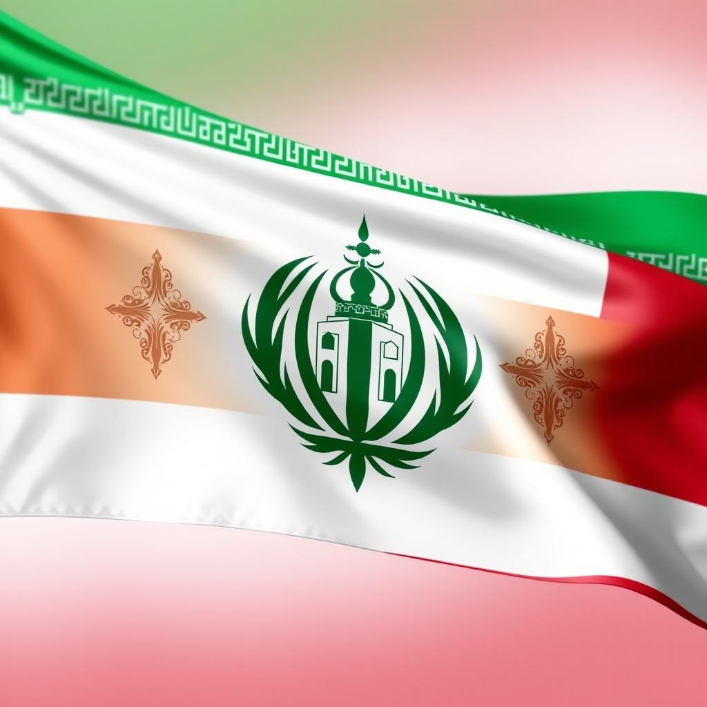 A beautifully designed flag of Iran featuring the logo of the Shrine of Lady Zainab prominently in the center