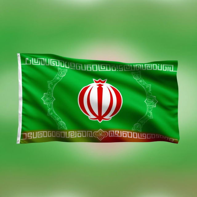 A beautifully designed flag of Iran featuring the logo of the Shrine of Lady Zainab prominently in the center