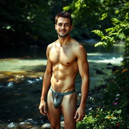 A fully naked man standing confidently in a serene natural setting, surrounded by lush greenery and softly flowing water
