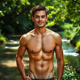 A fully naked man standing confidently in a serene natural setting, surrounded by lush greenery and softly flowing water