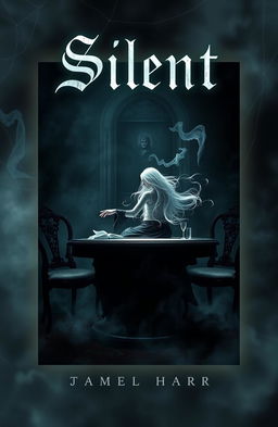 A haunting book cover design featuring a mysterious, eerie atmosphere