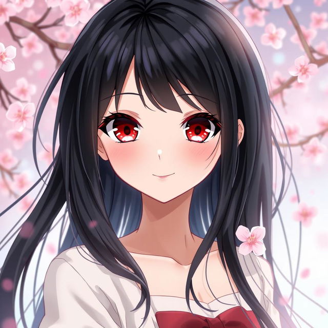 A doll-faced anime woman with long, flowing black hair that cascades down her shoulders, big bright red eyes that sparkle with a hint of mystery, delicate features, and a soft, gentle smile