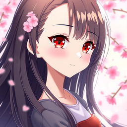 A doll-faced anime woman with long, flowing black hair that cascades down her shoulders, big bright red eyes that sparkle with a hint of mystery, delicate features, and a soft, gentle smile
