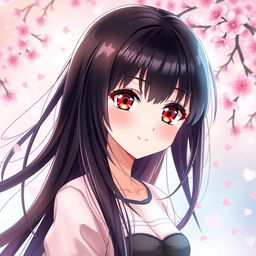 A doll-faced anime woman with long, flowing black hair that cascades down her shoulders, big bright red eyes that sparkle with a hint of mystery, delicate features, and a soft, gentle smile