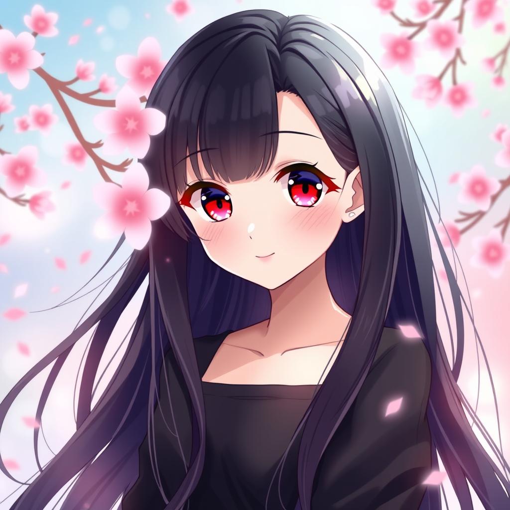 A doll-faced anime woman with long, flowing black hair that cascades down her shoulders, big bright red eyes that sparkle with a hint of mystery, delicate features, and a soft, gentle smile