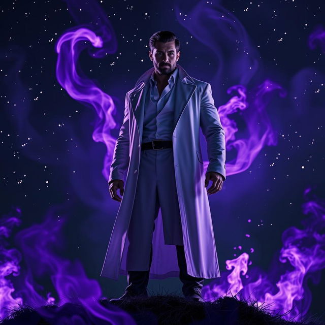 A powerful, charismatic man dressed in a long white coat, standing atop a hill at night