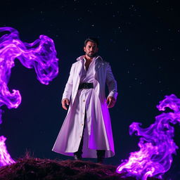 A powerful, charismatic man dressed in a long white coat, standing atop a hill at night