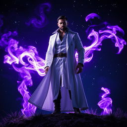 A powerful, charismatic man dressed in a long white coat, standing atop a hill at night