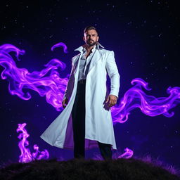 A powerful, charismatic man dressed in a long white coat, standing atop a hill at night