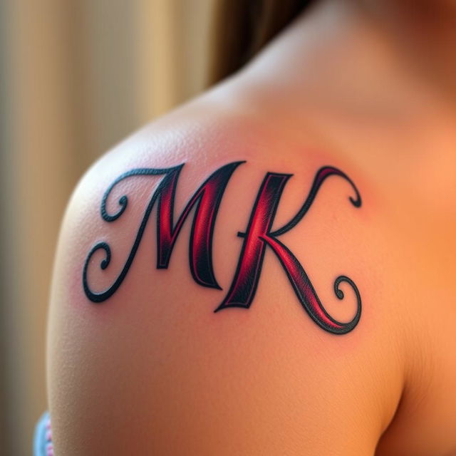 A close-up photograph of a shoulder featuring a beautifully designed tattoo of the letters M and K intertwined in an artistic style