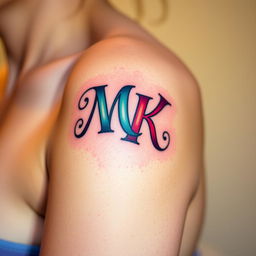 A close-up photograph of a shoulder featuring a beautifully designed tattoo of the letters M and K intertwined in an artistic style