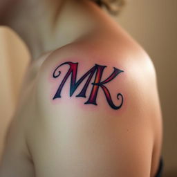 A close-up photograph of a shoulder featuring a beautifully designed tattoo of the letters M and K intertwined in an artistic style