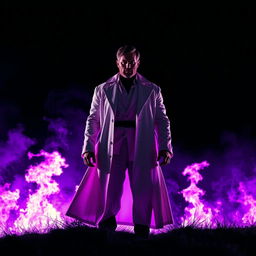 A charismatic and powerful man surrounded by purple flames, wearing a long white coat, standing on a hill at night under a black sky