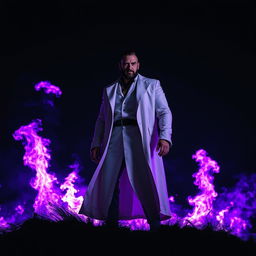 A charismatic and powerful man surrounded by purple flames, wearing a long white coat, standing on a hill at night under a black sky