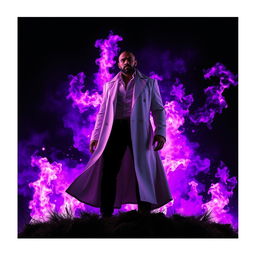 A charismatic and powerful man surrounded by purple flames, wearing a long white coat, standing on a hill at night under a black sky