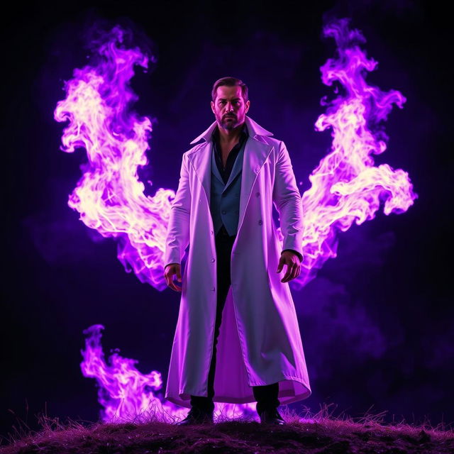 A charismatic and powerful man surrounded by purple flames, wearing a long white coat, standing on a hill at night under a black sky